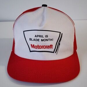 Vintage Motorcraft April Is Blade Month Trucker Hat‎ 80s SnapBack Cap Red White